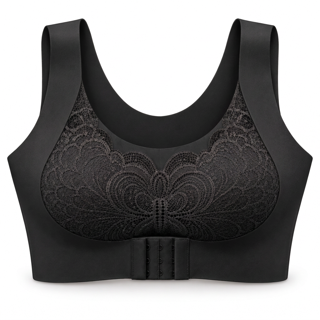 Feel Softness Butterfly Lace Front-Closure Comfort Bra in Black, front view