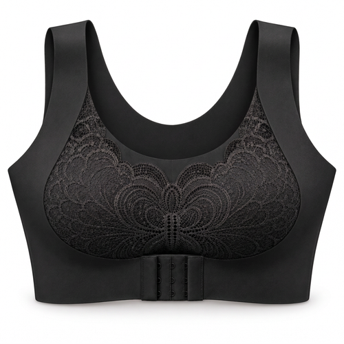 Feel Softness Butterfly Lace Front-Closure Comfort Bra in Black, front view