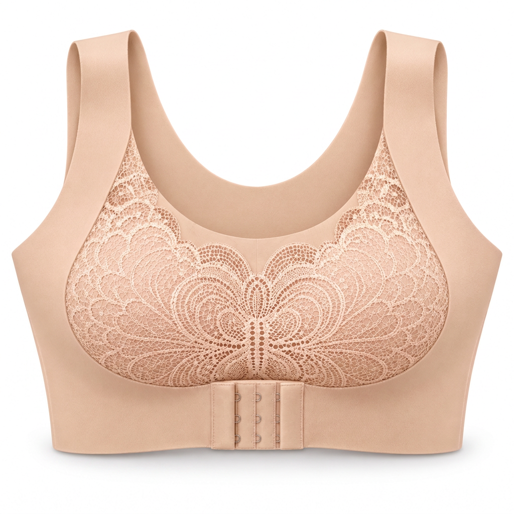 Feel Softness Butterfly Lace Front-Closure Comfort Bra in Nude Beige, front view