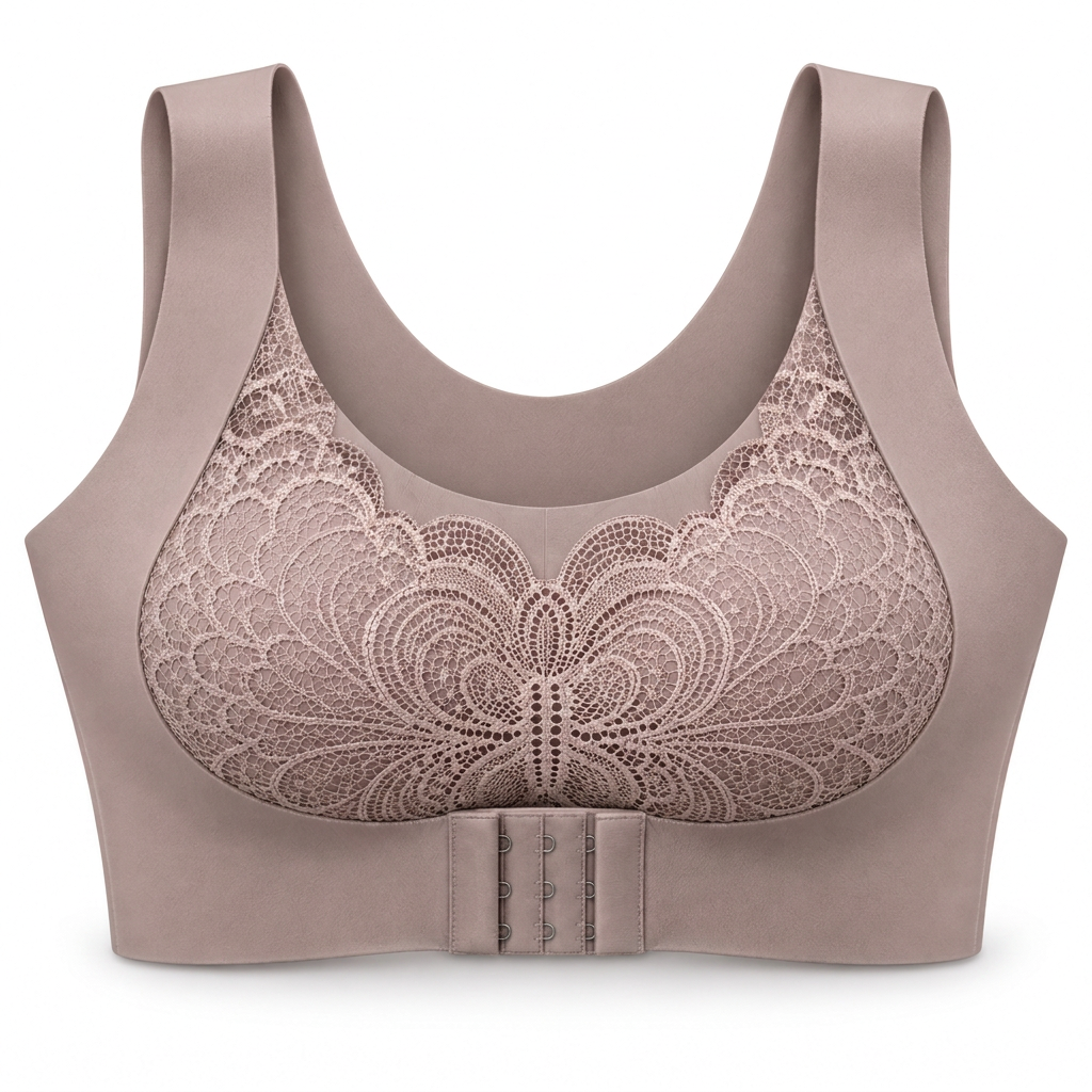 Feel Softness Butterfly Lace Front-Closure Comfort Bra in Taupe Grey, front view