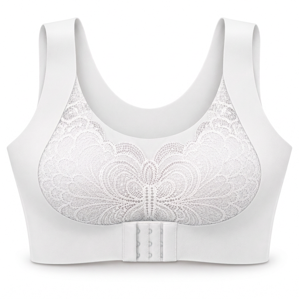 Feel Softness Butterfly Lace Front-Closure Comfort Bra in White, front view