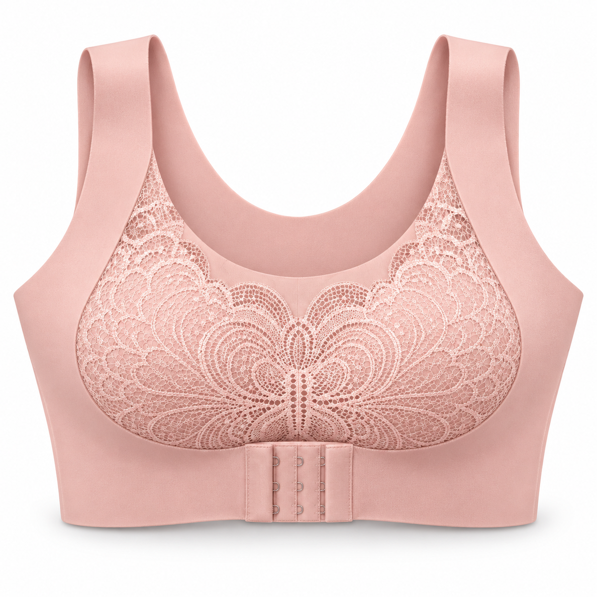 Feel Softness front-closure lace comfort bra in blush pink, front view