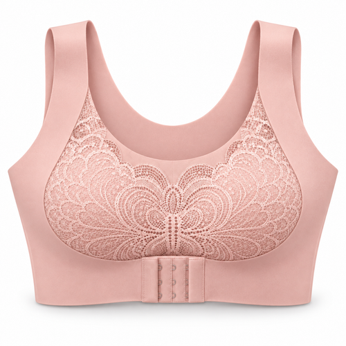 Feel Softness front-closure lace comfort bra in blush pink, front view
