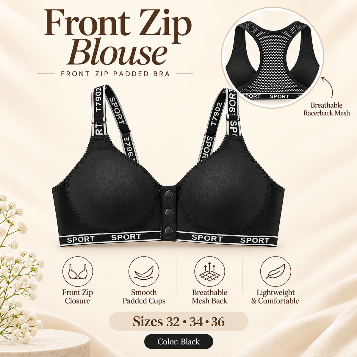 Feel Softness Front Zip Blouse in Black