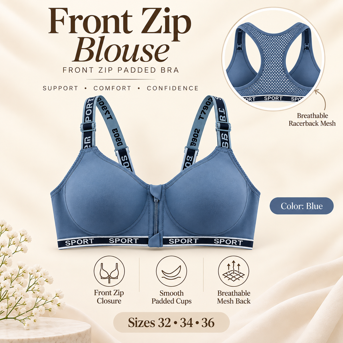 Feel Softness Front Zip Blouse in Blue