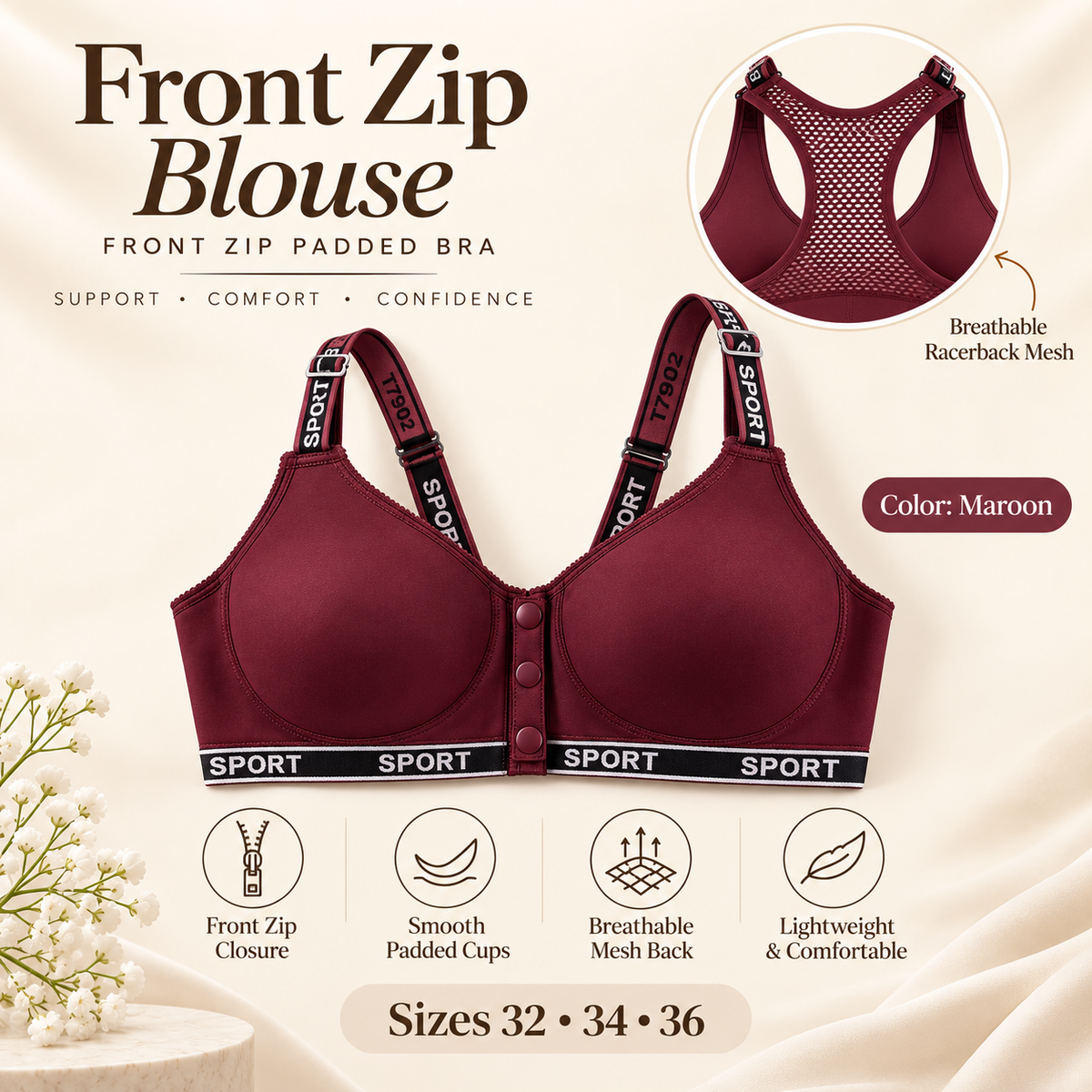 Feel Softness Front Zip Blouse in Mehroon